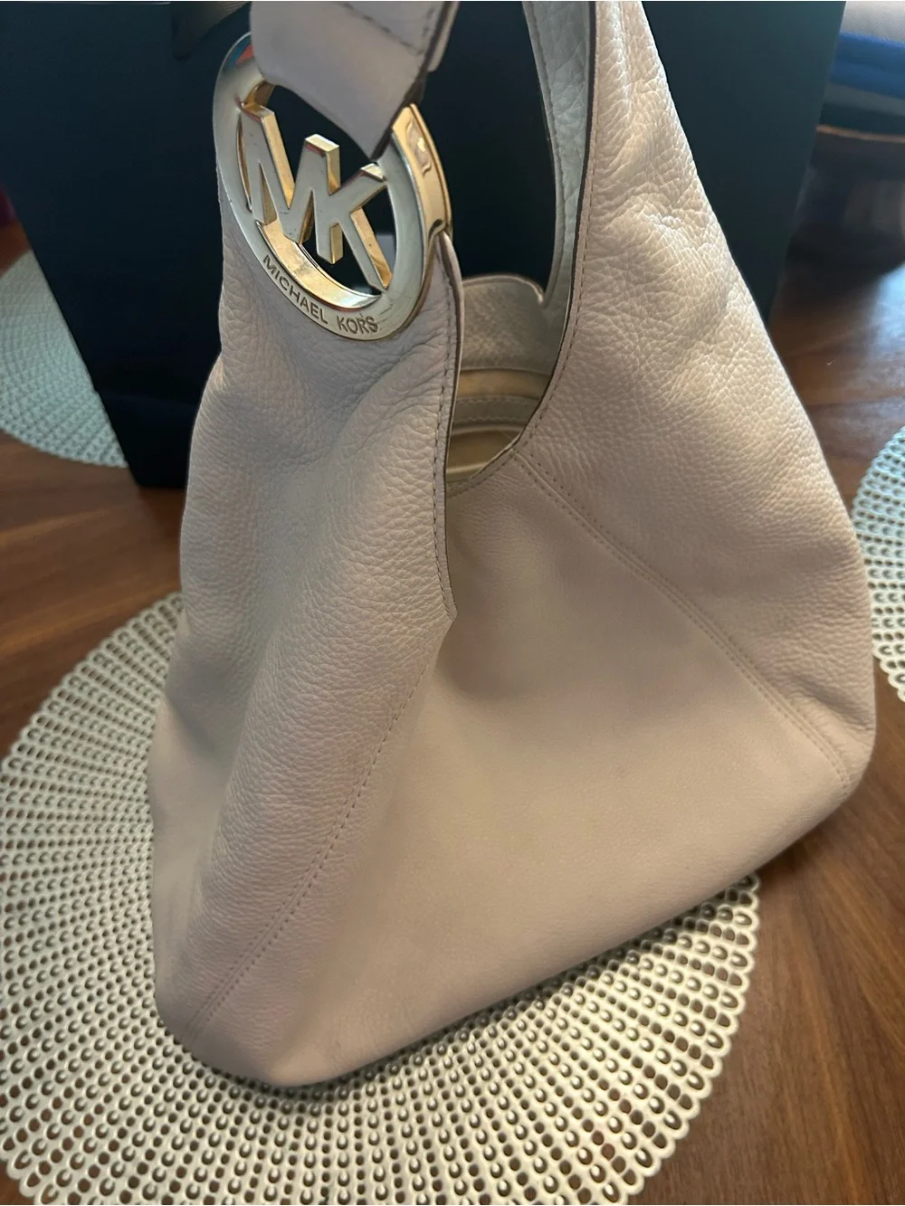 Michael Kors Beige Leather Shoulder Hobo Bag with Gold MK Logo